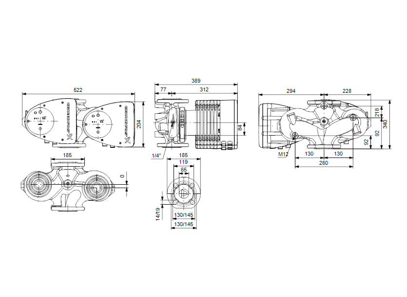 Габаритные размеры насоса Grundfos MAGNA1 D 65-60 F артикул: 99221377