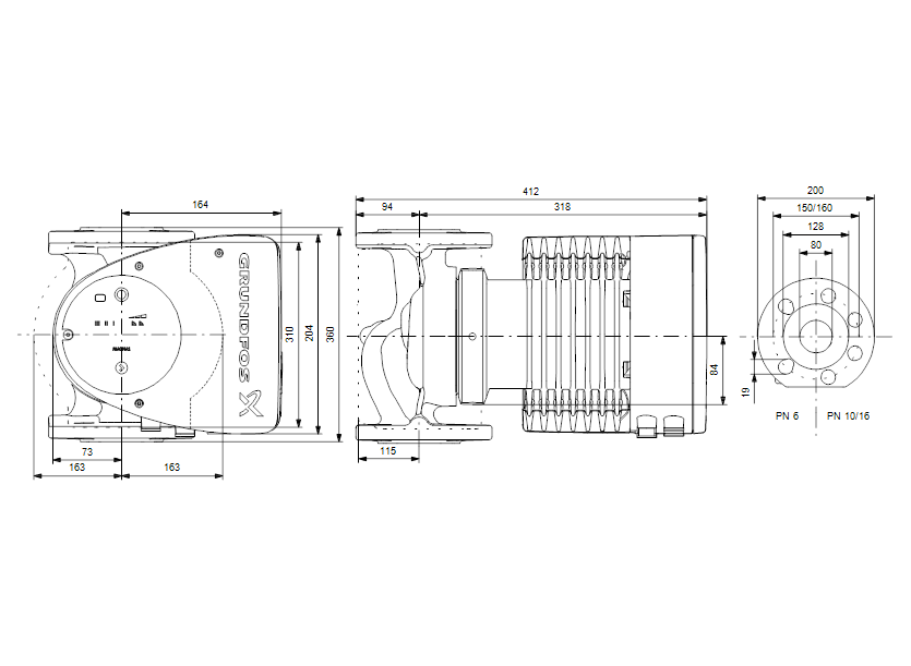 Габаритные размеры насоса Grundfos MAGNA1 80-100 F артикул: 99221412