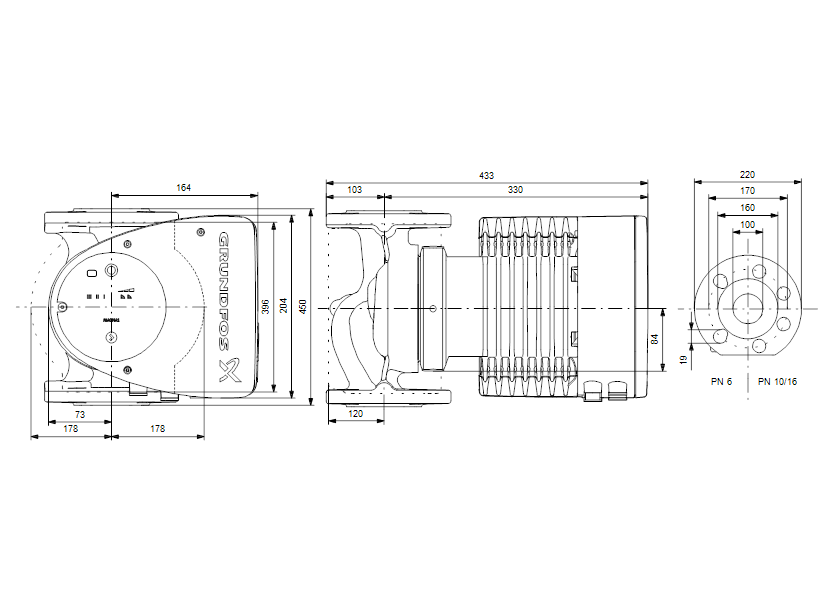 Габаритные размеры насоса Grundfos MAGNA1 100-80 F артикул: 99221445