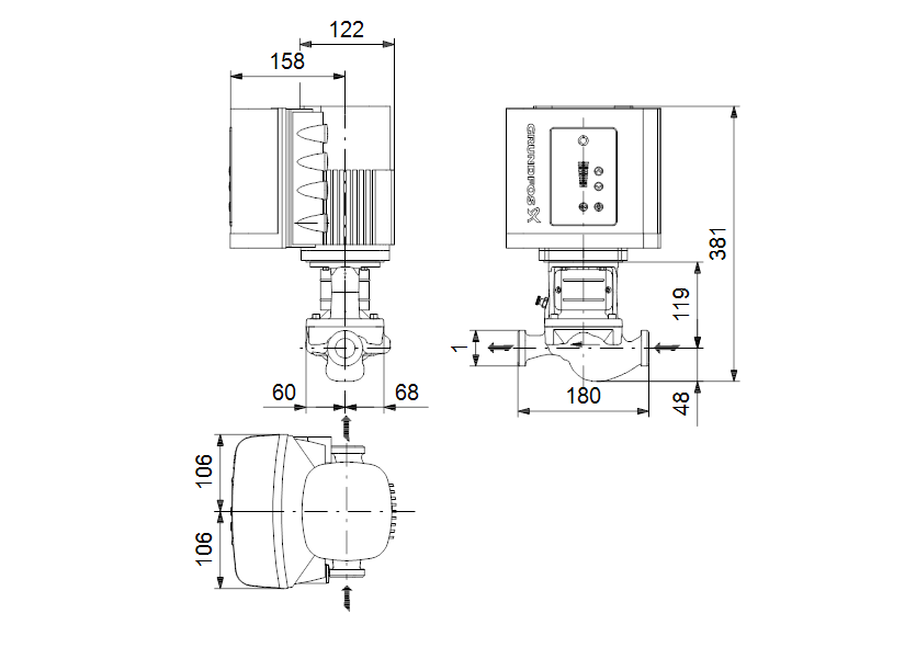 Габаритные размеры насоса Grundfos TPE 25-90/2-A-O-A-BQBE 1X230 50HZ артикул: 99221949