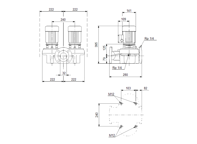 Габаритные размеры насоса Grundfos TPD 32-40/4-A-F-A-BQBE 400Y 50HZ артикул: 99222051
