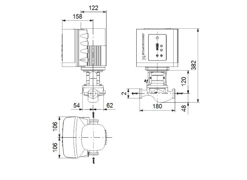 Габаритные размеры насоса Grundfos TPE 32-50/2-A-O-A-BQBE 1X230 50HZ артикул: 99222154