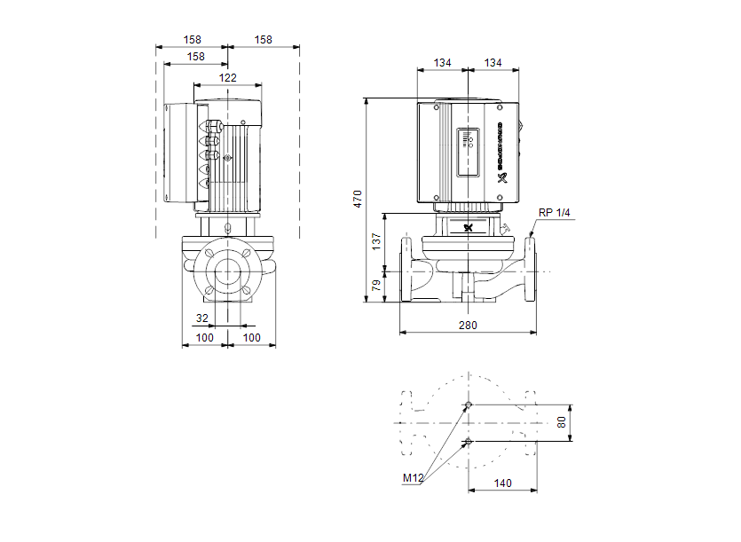 Габаритные размеры насоса Grundfos TPE 32-230/2-S-A-F-A-BQBE 3X400 50HZ артикул: 99222230