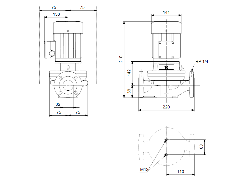 Габаритные размеры насоса Grundfos TP 32-30/4 A-F-A-BQBE артикул: 99261394