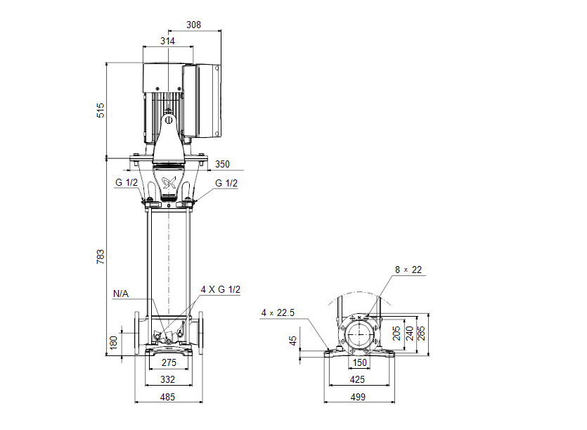 Габаритные размеры насоса Grundfos CRE 125-1 A-F-A-E-HQQE артикул: 99264394