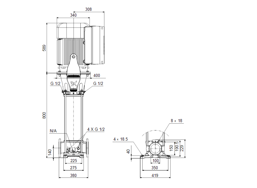 Габаритные размеры насоса Grundfos CRE 95-2-2 N-G-A-E-HQQE артикул: 99266498 Габаритные размеры насоса Grundfos CRE 95-2-2 N-G-A-E-HQQE артикул: 99266498