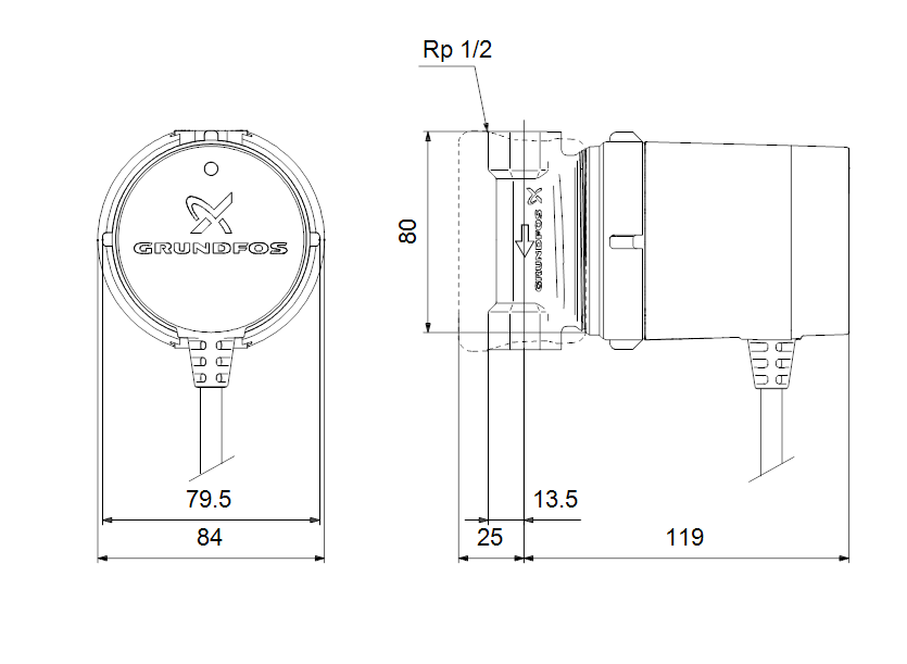Габаритные размеры насоса Grundfos COMFORT 15-14 B PM RU артикул: 99302358