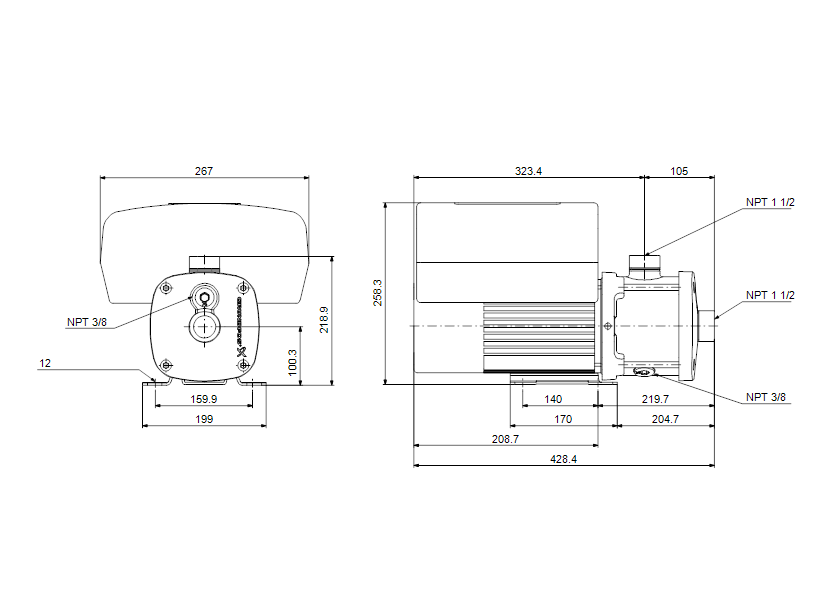 Габаритные размеры насоса Grundfos CME 10-2 A-S-G-E-AQQE T-A-A-N артикул: 99326381