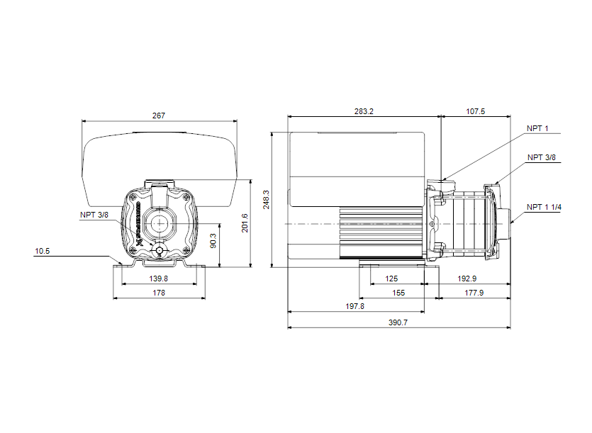Габаритные размеры насоса Grundfos CME 5-4 A-S-A-E-AQQE T-A-A-N артикул: 99329941