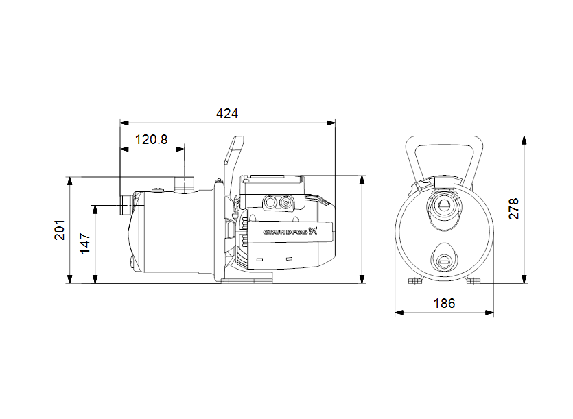 Габаритные размеры насоса Grundfos JP 5-48 S-BBVP 1x220-240V 50Hz артикул: 99458769