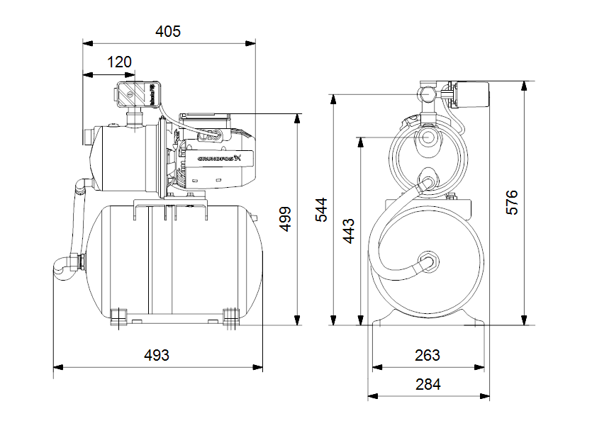 Габаритные размеры насоса Grundfos JP 4-47 PT-H BBVP 1X220-240V 50 Hz 20L артикул: 99463875
