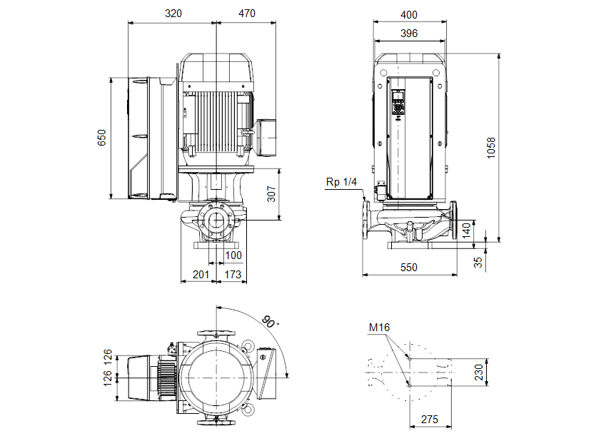 Габаритные размеры насоса Grundfos TPE 100-480/2 NC-A-F-A-BAQE-RX1 артикул: 99473575