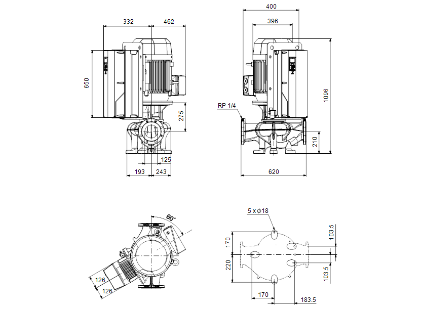 Габаритные размеры насоса Grundfos TPE 125-360/2 NC-A-F-A-BAQE-RX1 артикул: 99473576