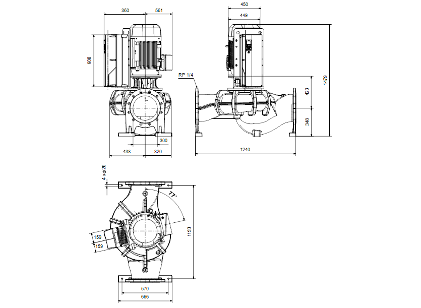 Габаритные размеры насоса Grundfos TPE 300-250/4 NC-A-F-O-BAQE-TX3 артикул: 99473602