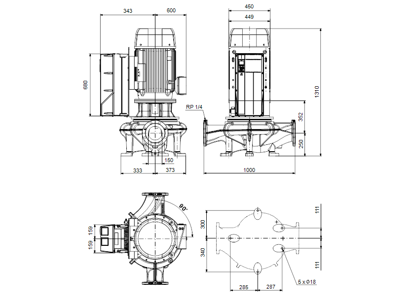 Габаритные размеры насоса Grundfos TPE 150-450/4 NC-A-F-A-BQQE-TX3 артикул: 99473950