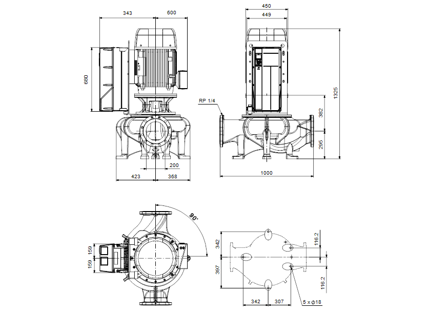 Габаритные размеры насоса Grundfos TPE 200-330/4 NC-A-F-A-BQQE-SX3 артикул: 99473957