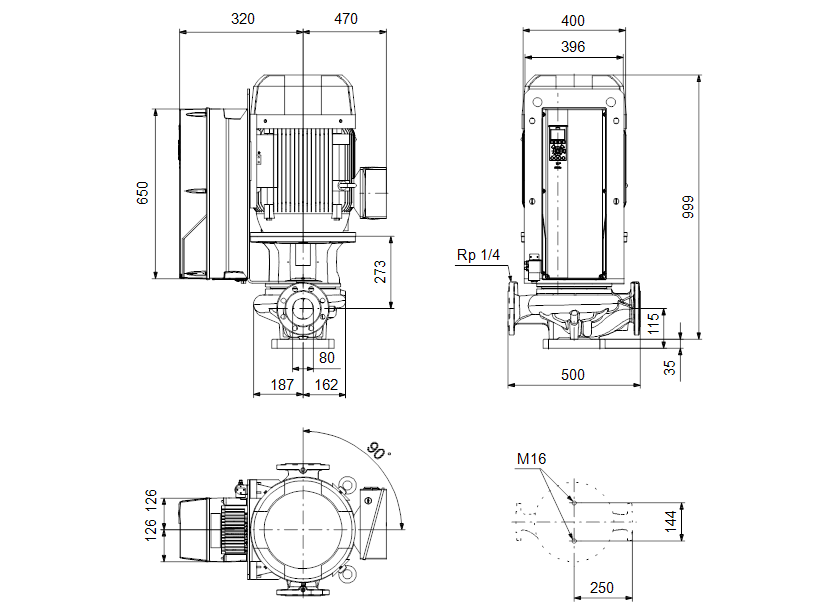 Габаритные размеры насоса Grundfos TPE 80-700/2 SC-A-F-A-BAQE-RX1 артикул: 99474547
