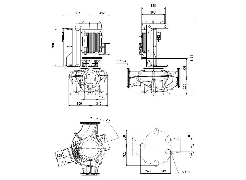 Габаритные размеры насоса Grundfos TPE 200-200/4 SC-A-F-A-BAQE-QX3 артикул: 99474583
