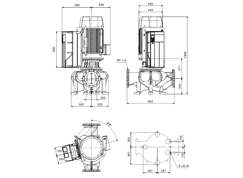 Габаритные размеры насоса Grundfos TPE 200-270/4 SC-A-F-A-BQQE-TX3 артикул: 99474600
