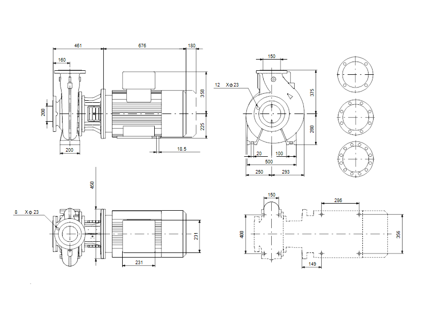 Габаритные размеры насоса Grundfos NBG 200-150-250/275 EUP AF2KBQQE артикул: 99530563