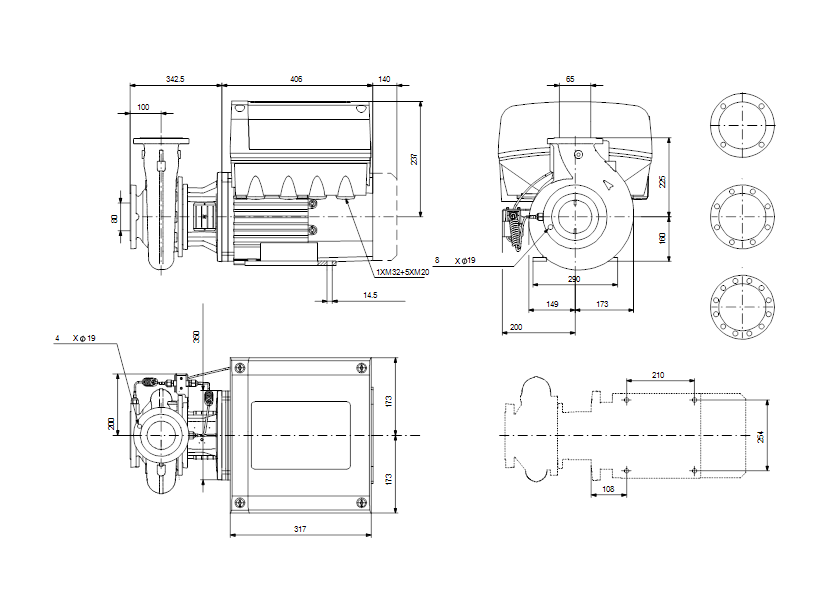 Габаритные размеры насоса Grundfos NBE 65-200/162 S2AF2BBQQE артикул: 99534608