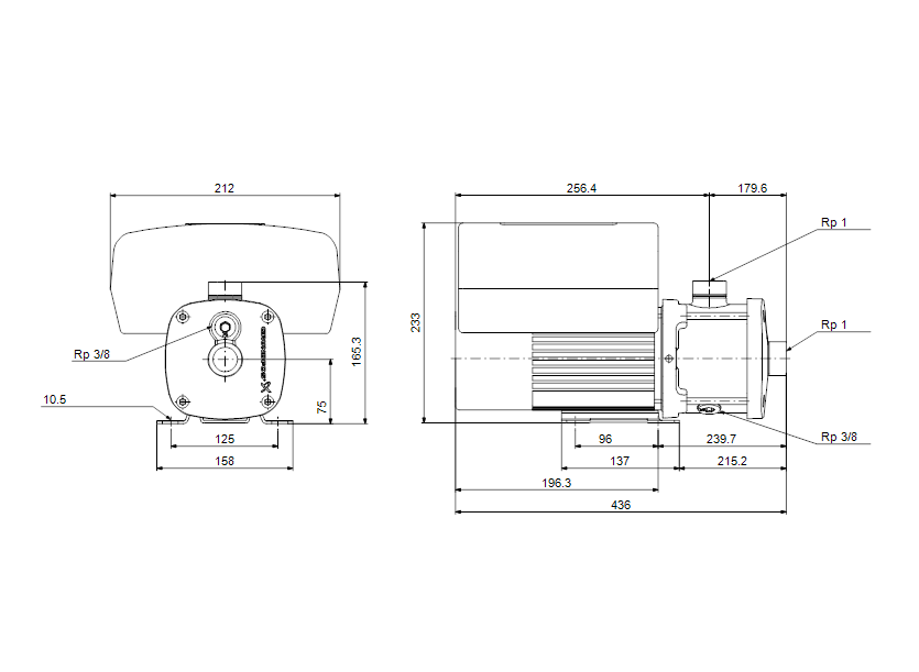 Габаритные размеры насоса Grundfos CME 1-8 A-R-G-V-AQQV U-A-D-N артикул: 99735060