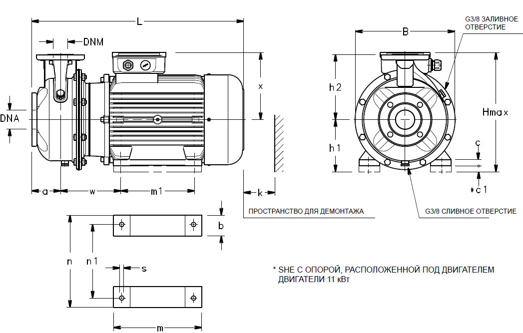 Габаритные размеры насоса Lowara ESHE 80-250/110/P45VSNA артикул: 101863760