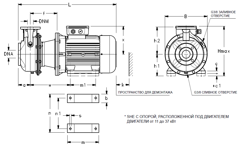 Габаритные размеры насоса Lowara ESHS 80-200/370/W25VSNA артикул: 101861730
