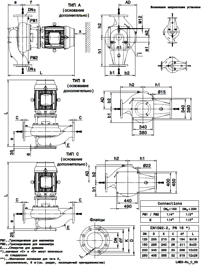 Габаритные размеры насоса Lowara LNES 250-315/750/W45VDC4 артикул: 703910690