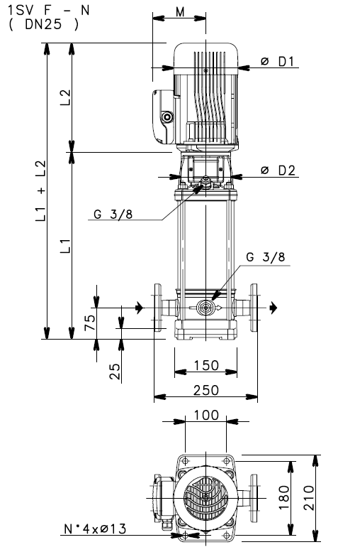 Габаритные размеры насоса Lowara 1SV19F011T/D артикул: 1016LC181