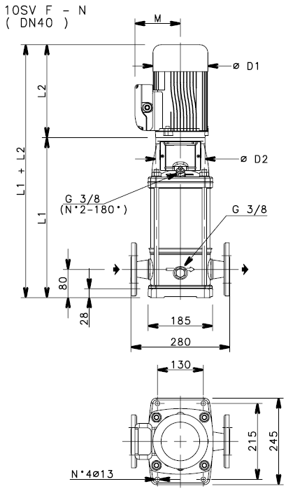 Габаритные размеры насоса Lowara 10SV09F040T/D артикул: 1016LD231