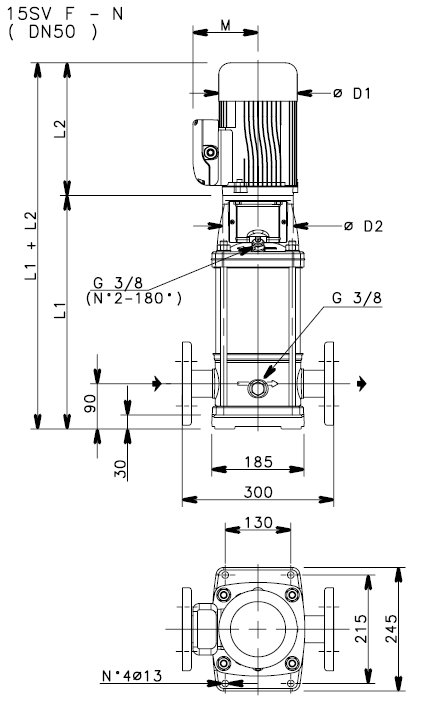 Габаритные размеры насоса Lowara 15SV02F022T/D артикул: 1016LD411
