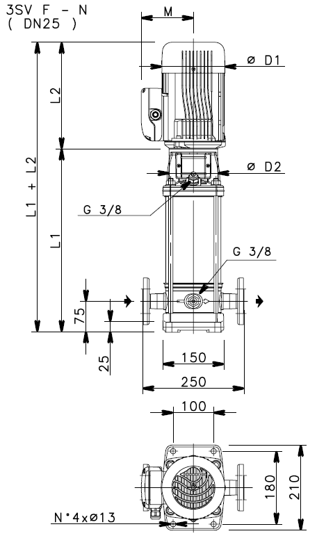 Габаритные размеры насоса Lowara 3SV06F005T артикул: 1016L0461