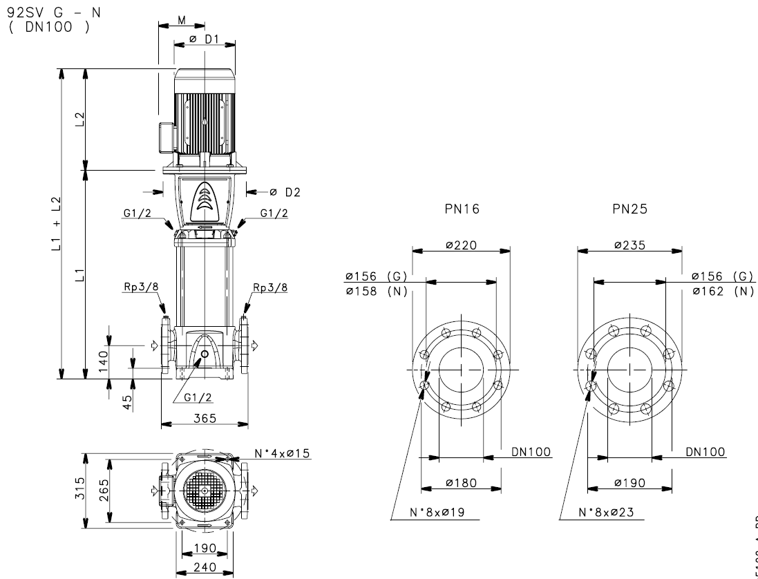Габаритные размеры насоса Lowara 92SV7/2AG450T/D артикул: 101686131