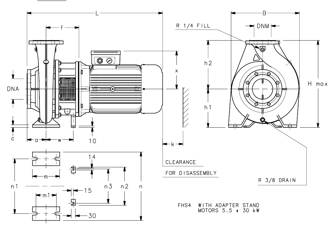 Габаритные размеры насоса Lowara FHS4 80-315/150/P артикул: 703321042