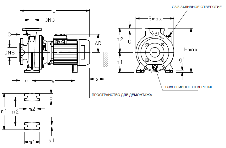 Габаритные размеры насоса Lowara NSCE 50-160/75/P25VCS4 артикул: 101840460